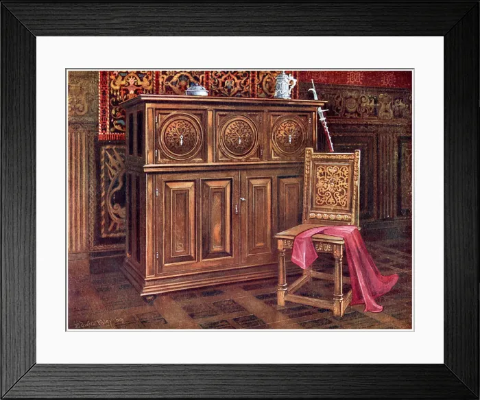 Framed Print : Oak cabinet and walnut chair, 1910. Artist: Edwin Foley Framed Print : Oak cabinet and walnut chair, 1910. Artist: Edwin Foley