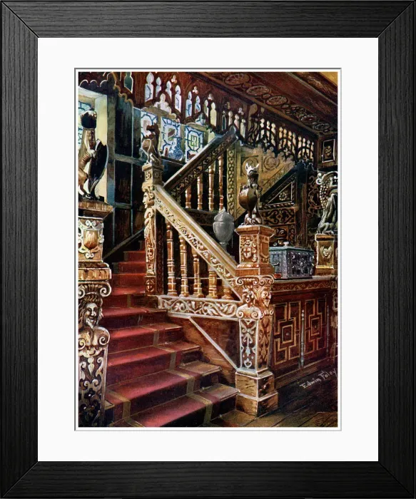Framed Print : Carved oaken stairway, Godinton, 1910. Artist: Edwin Foley Framed Print : Carved oaken stairway, Godinton, 1910. Artist: Edwin Foley