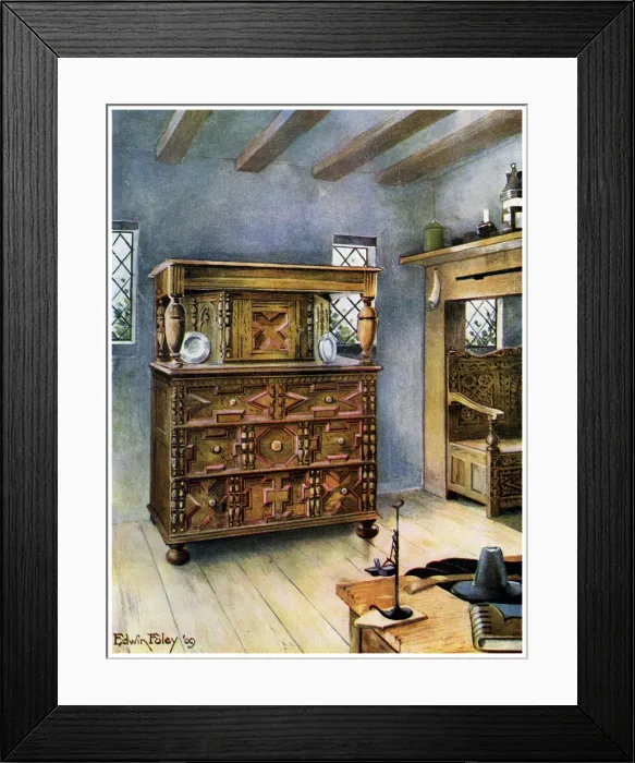 Framed Print : The Putnam Cupboard of English oak and cedar, and carved settle of American oak, 1910. Artist: Edwin Foley Framed Print : The Putnam Cupboard of English oak and cedar, and carved settle of American oak, 1910. Artist: Edwin Foley