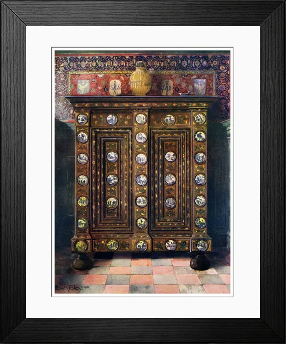 Framed Print : Walnut kas inlaid and with painted medallions of Delft ware, 1910. Artist: Edwin Foley Framed Print : Walnut kas inlaid and with painted medallions of Delft ware, 1910. Artist: Edwin Foley