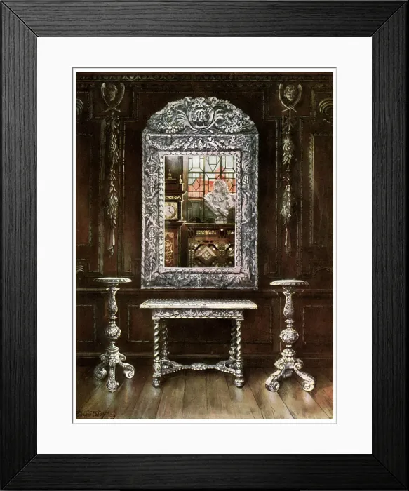 Framed Print : Mirror, gueridons, and table overlaid with silver plaques, 1910. Artist: Edwin Foley Framed Print : Mirror, gueridons, and table overlaid with silver plaques, 1910. Artist: Edwin Foley