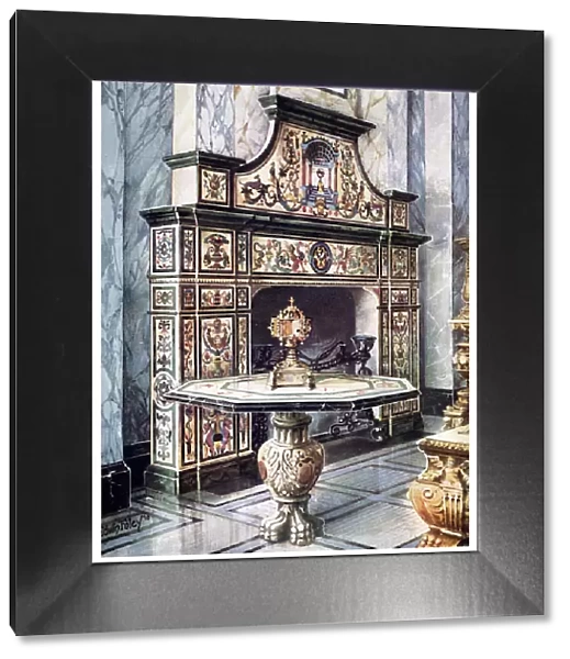 Chimneypiece and table in coloured Florentine mosaic, 1910. Artist: Edwin Foley