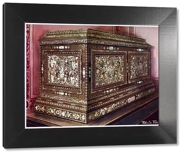 Inlaid jewel casket of walnut wood with panelled front, sides and top, 1910. Artist: Edwin Foley