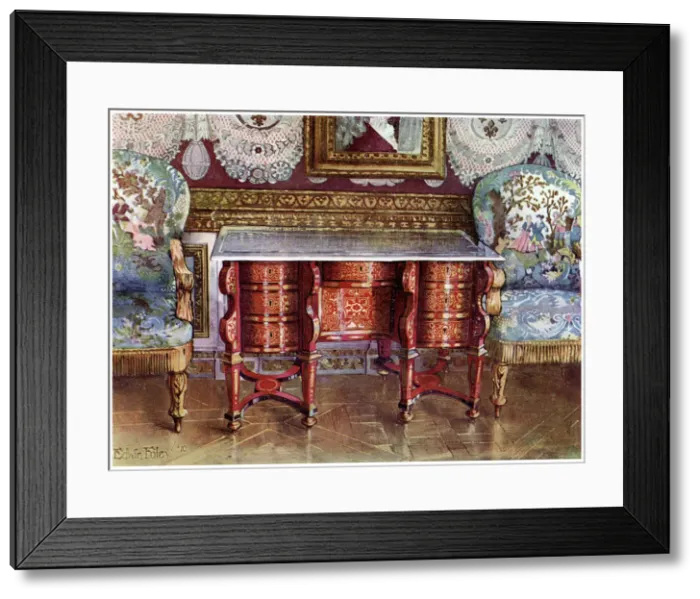 Framed Print : Kneehole writing table and gilt fauteuils, 1910. Artist: Edwin Foley Framed Print : Kneehole writing table and gilt fauteuils, 1910. Artist: Edwin Foley