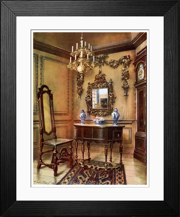 Framed Print : Panelling, mirror frame, walnut table and chair, Charles Wesleys walnut high case clock, 1910. Artist: Edwin Foley Framed Print : Panelling, mirror frame, walnut table and chair, Charles Wesleys walnut high case clock, 1910. Artist: Edwin Foley