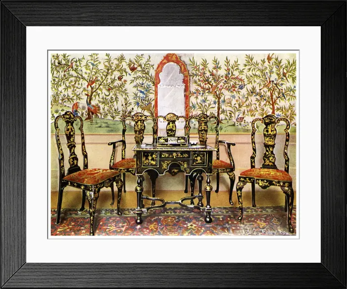 Framed Print : Black lacquer settee, chairs and table and red lacquer mirror, 1910. Artist: Edwin Foley Framed Print : Black lacquer settee, chairs and table and red lacquer mirror, 1910. Artist: Edwin Foley