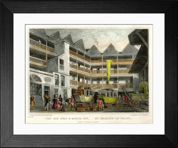 Framed Print : The old Bull and Mouth Inn, St Martins le Grand, City of London, 1831. Artist: W Watkins Framed Print : The old Bull and Mouth Inn, St Martins le Grand, City of London, 1831. Artist: W Watkins