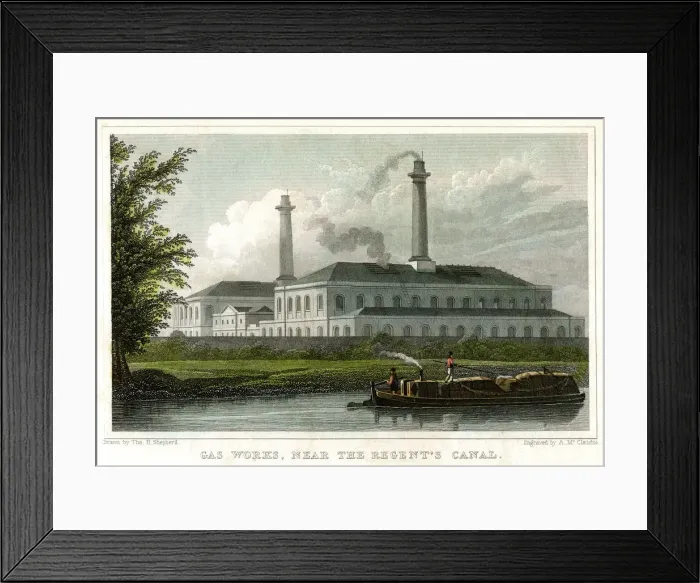 Framed Print : Gasworks by the Regents Canal, London, c1830. Artist: A McClatchie Framed Print : Gasworks by the Regents Canal, London, c1830. Artist: A McClatchie