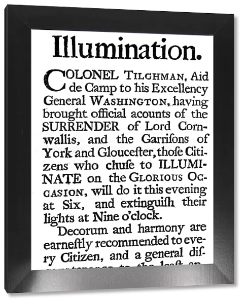 Proclamation of illuminations commemorating the surrender of General Cornwallis, 1781 (c1880)