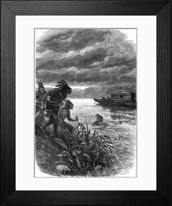 Framed Print : Traders on the Ohio River attacked by Native Americans, 18th century (c1880) Framed Print : Traders on the Ohio River attacked by Native Americans, 18th century (c1880)