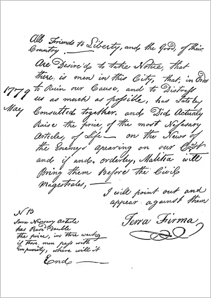 Facsimile of a declaration about the scarcity of food in America, 1779 (c1880)