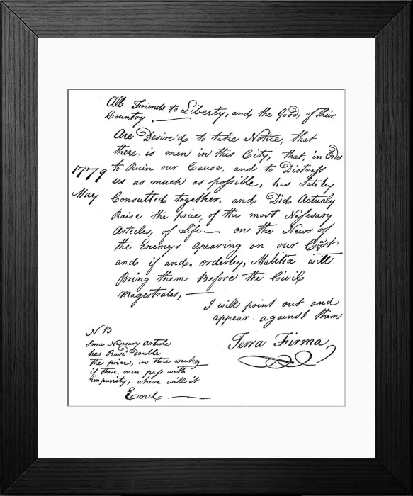 Framed Print : Facsimile of a declaration about the scarcity of food in America, 1779 (c1880) Framed Print : Facsimile of a declaration about the scarcity of food in America, 1779 (c1880)