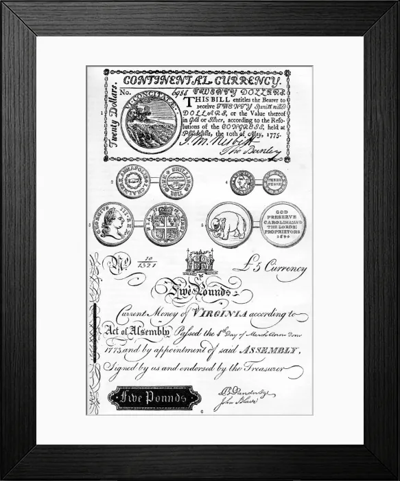 Framed Print : American coins and paper money, 17th-18th century (c1880) Framed Print : American coins and paper money, 17th-18th century (c1880)