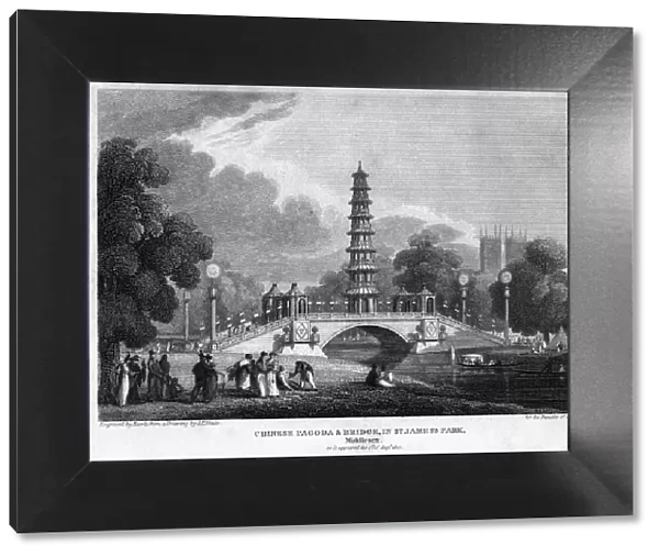 Chinese pagoda and bridge, St Jamess Park, Westminster, London, 1814. Artist: Rawle