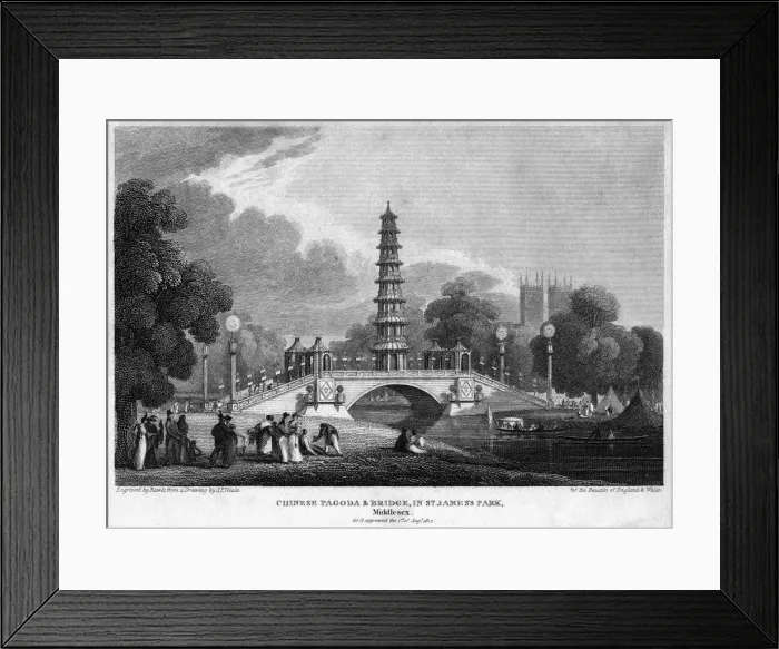 Framed Print : Chinese pagoda and bridge, St Jamess Park, Westminster, London, 1814. Artist: Rawle Framed Print : Chinese pagoda and bridge, St Jamess Park, Westminster, London, 1814. Artist: Rawle