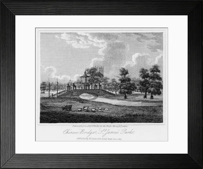 Framed Print : Chinese Bridge, St Jamess Park, Westminster, London, 1817. Artist: W Wallis Framed Print : Chinese Bridge, St Jamess Park, Westminster, London, 1817. Artist: W Wallis