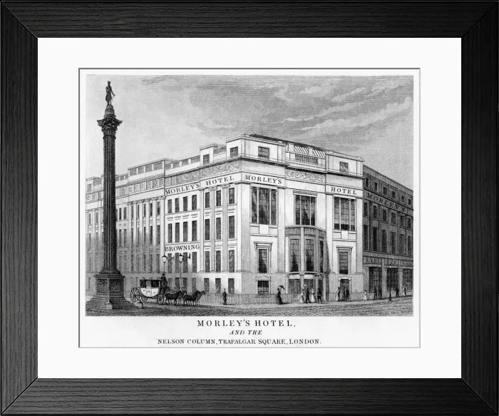 Framed Print : Morleys Hotel and Nelsons Column, Trafalgar Square, Westminster, London, 19th century Framed Print : Morleys Hotel and Nelsons Column, Trafalgar Square, Westminster, London, 19th century