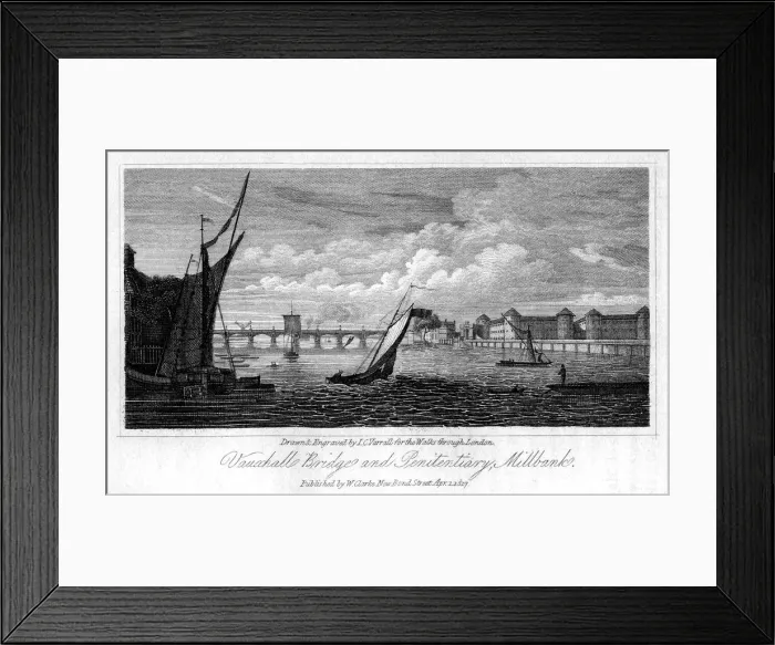 Framed Print : Vauxhall Bridge and Millbank Penitentiary, Westminster, London, 1817. Artist: JC Varrall Framed Print : Vauxhall Bridge and Millbank Penitentiary, Westminster, London, 1817. Artist: JC Varrall