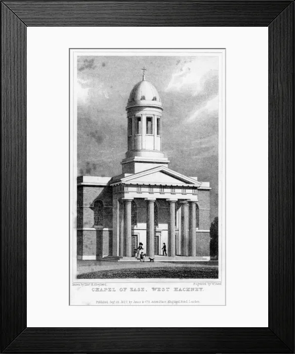 Framed Print : Chapel of ease, West Hackney, London, 1827. Artist: W Bond Framed Print : Chapel of ease, West Hackney, London, 1827. Artist: W Bond