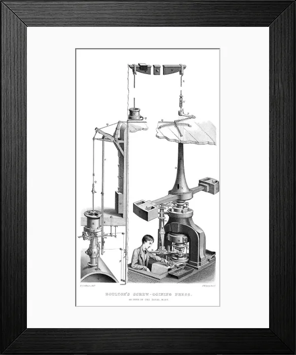 Framed Print : Boultons Screw Coining Press, As Used in the Royal Mint, 1866. Artist: Joseph Wilson Lowry Framed Print : Boultons Screw Coining Press, As Used in the Royal Mint, 1866. Artist: Joseph Wilson Lowry