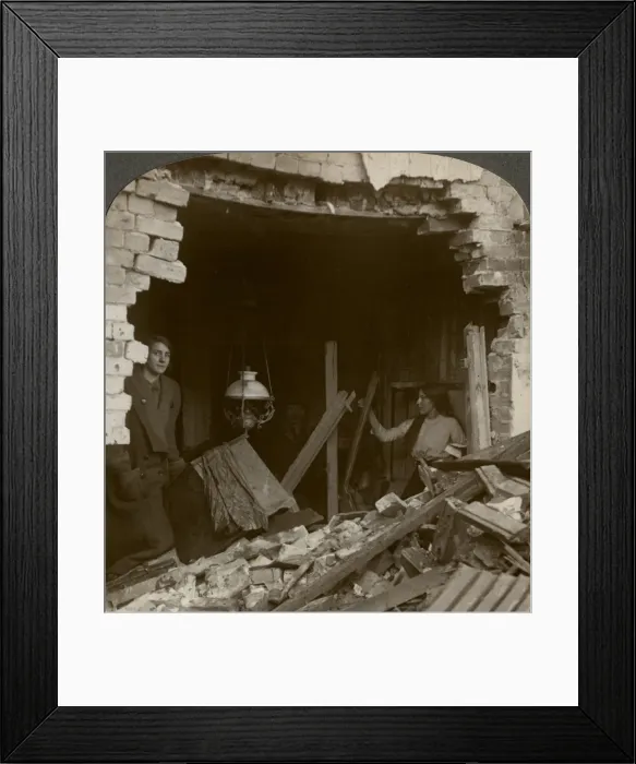 Framed Print : The damage done by a German Zeppelin bomb, World War I, 1914-1918. Artist: Realistic Travels Publishers Framed Print : The damage done by a German Zeppelin bomb, World War I, 1914-1918. Artist: Realistic Travels Publishers