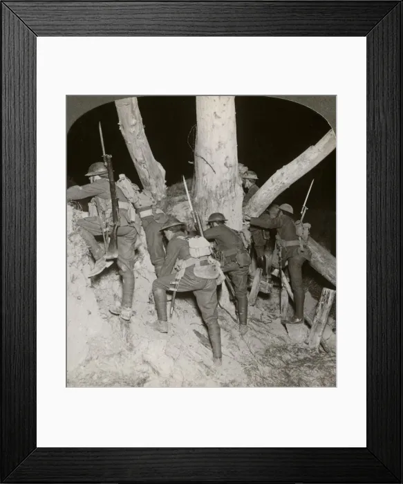 Framed Print : Soldiers leaving a trench for a night raid at Messines, Belgium, World War I, 1914-1918. Artist: Realistic Travels Publishers Framed Print : Soldiers leaving a trench for a night raid at Messines, Belgium, World War I, 1914-1918. Artist: Realistic Travels Publishers