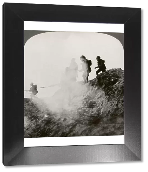 British soldiers advancing under cover of gas and smoke, France, World War I, 1916. Artist: Realistic Travels Publishers