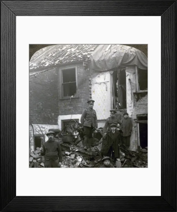 Framed Print : Destruction wrought by German Zeppelin bombs, World War I, 1914-1918. Artist: Realistic Travels Publishers Framed Print : Destruction wrought by German Zeppelin bombs, World War I, 1914-1918. Artist: Realistic Travels Publishers