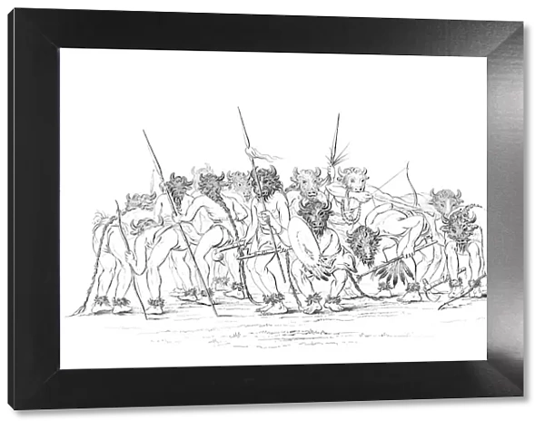 Native American hunters dancing wearing buffalo masks, 1841. Artist: Myers and Co