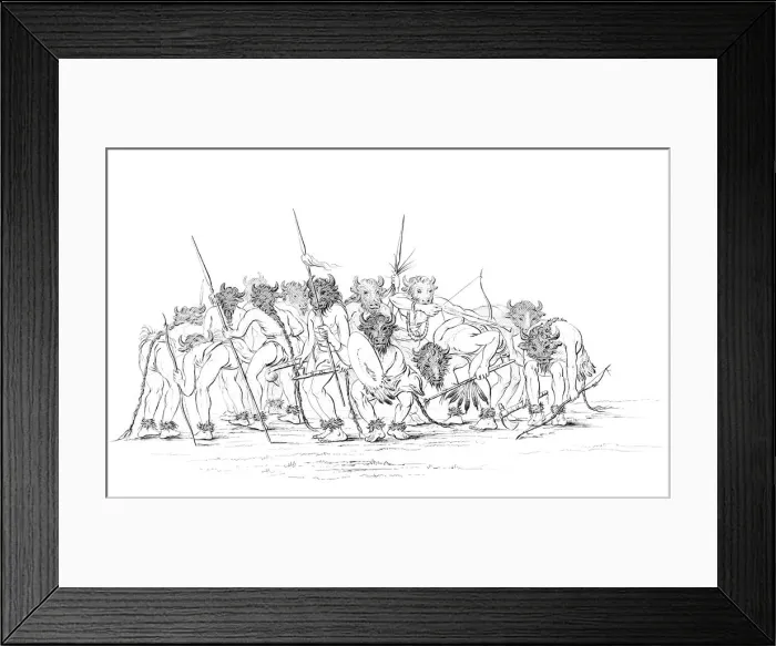Framed Print : Native American hunters dancing wearing buffalo masks, 1841. Artist: Myers and Co Framed Print : Native American hunters dancing wearing buffalo masks, 1841. Artist: Myers and Co