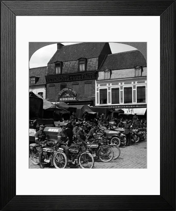 Framed Print : Lorries and motorcycles of the Indian Army Corps, Merville, France, World War I, 1914-1918. Artist: Realistic Travels Publishers Framed Print : Lorries and motorcycles of the Indian Army Corps, Merville, France, World War I, 1914-1918. Artist: Realistic Travels Publishers