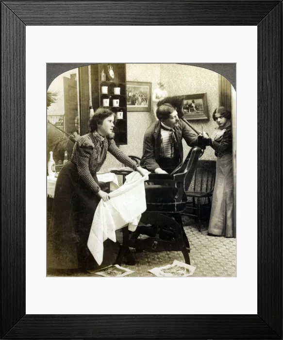 Framed Print : Getting His Hair Banged. Artist: American Stereoscopic Company Framed Print : Getting His Hair Banged. Artist: American Stereoscopic Company
