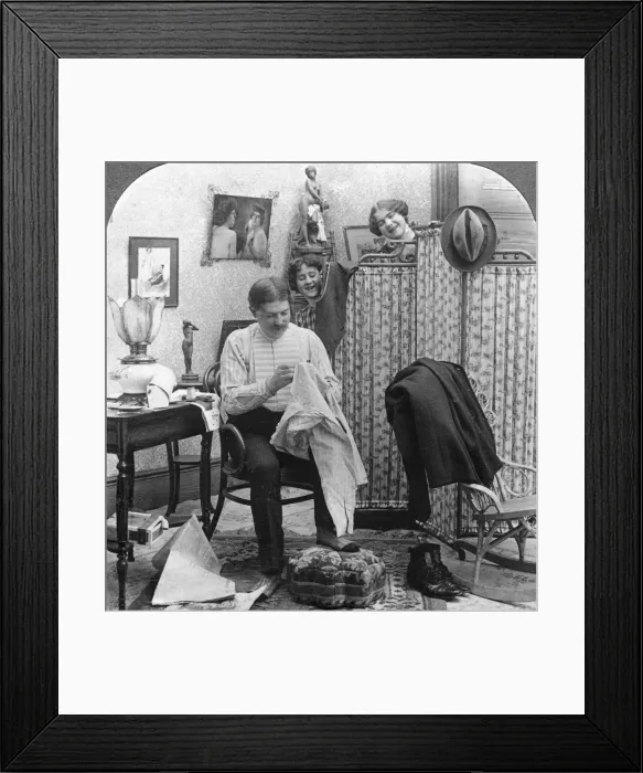 Framed Print : Trials of Bachelorhood. Artist: American Stereoscopic Company Framed Print : Trials of Bachelorhood. Artist: American Stereoscopic Company