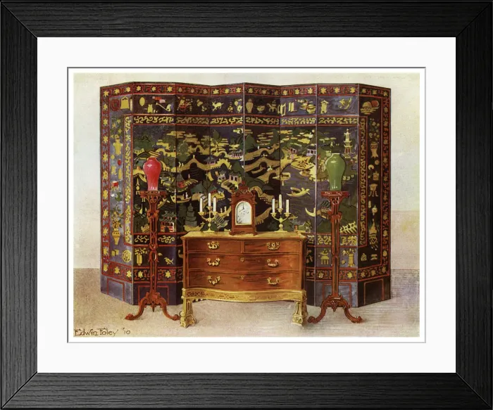 Framed Print : Curved commode table and Chinese lacquered eight fold screen, 1911-1912. Artist: Edwin Foley Framed Print : Curved commode table and Chinese lacquered eight fold screen, 1911-1912. Artist: Edwin Foley