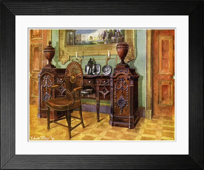 Framed Print : Carved mahogany pedestal sideboard and oval wheelback masters chair, 1911-1912. Artist: Edwin Foley Framed Print : Carved mahogany pedestal sideboard and oval wheelback masters chair, 1911-1912. Artist: Edwin Foley