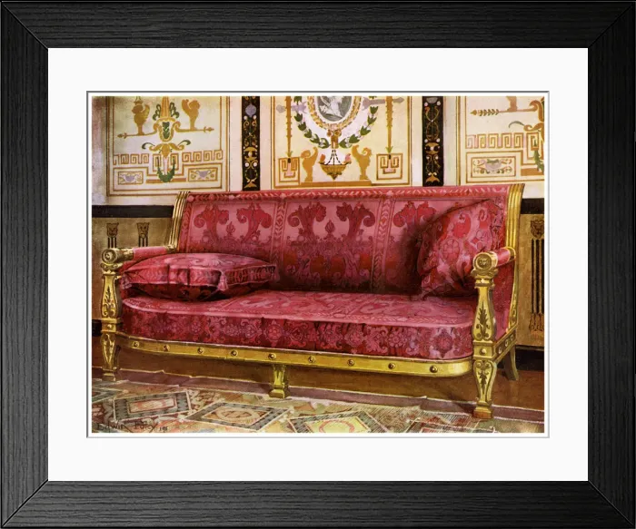 Framed Print : Carved gilt couch covered in rose Brocade de Lyon, 1911-1912. Artist: Edwin Foley Framed Print : Carved gilt couch covered in rose Brocade de Lyon, 1911-1912. Artist: Edwin Foley