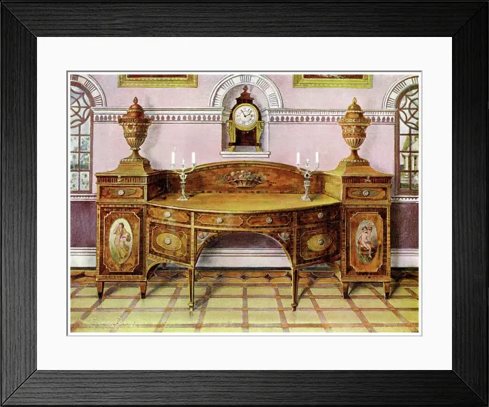 Framed Print : Painted and inlaid satinwood sideboard and mahogany bracket clock, 1911-1912. Artist: Edwin Foley Framed Print : Painted and inlaid satinwood sideboard and mahogany bracket clock, 1911-1912. Artist: Edwin Foley