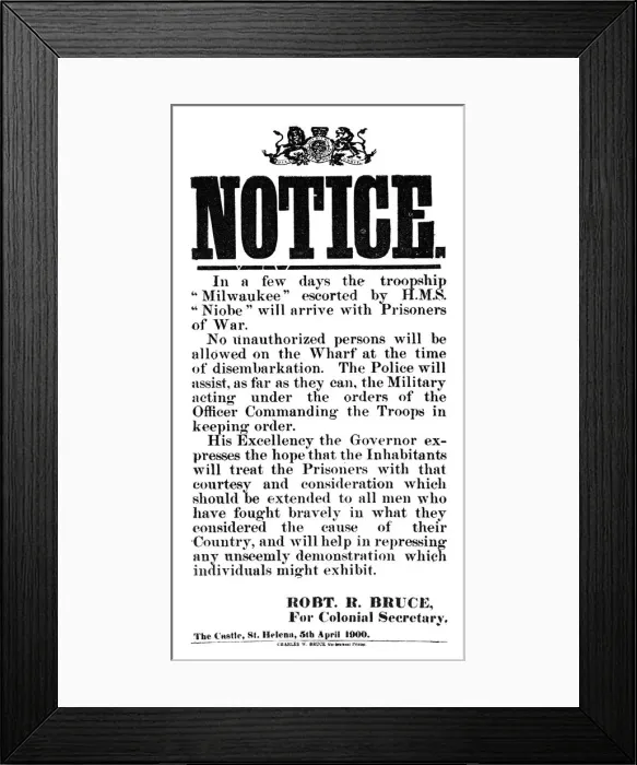 Framed Print : Notice of the arrival of Boer prisoners of war on the Milwaukee, St Helena, 5th April 1900 Framed Print : Notice of the arrival of Boer prisoners of war on the Milwaukee, St Helena, 5th April 1900