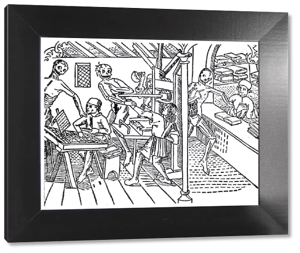 Printworkers harrassed by skeletons, 1499 (1956)