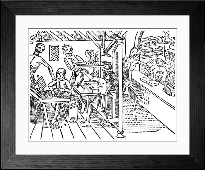 Framed Print : Printworkers harrassed by skeletons, 1499 (1956) Framed Print : Printworkers harrassed by skeletons, 1499 (1956)