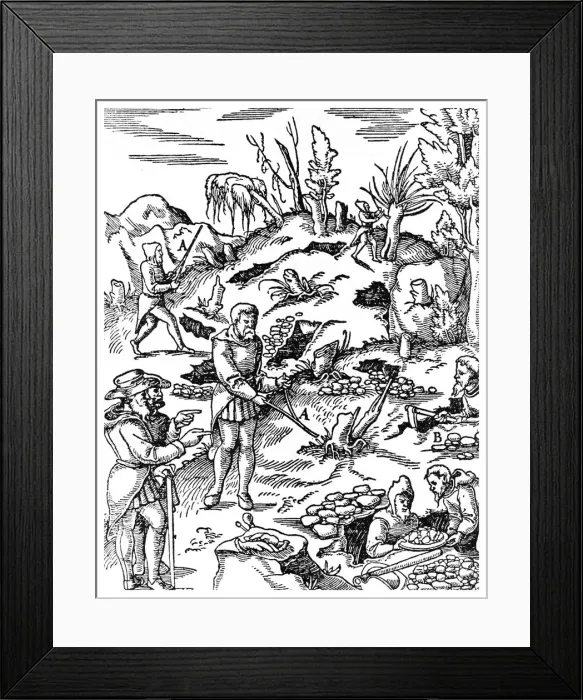 Framed Print : Prospecting for metals, 1556 (1956) Framed Print : Prospecting for metals, 1556 (1956)