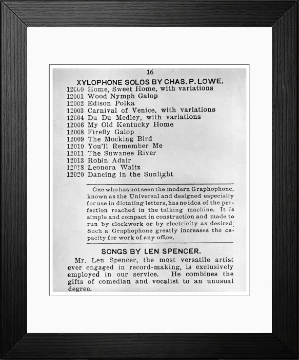 Framed Print : Page from the First Columbian Gramophone Catalogue, c1898 (1956) Framed Print : Page from the First Columbian Gramophone Catalogue, c1898 (1956)