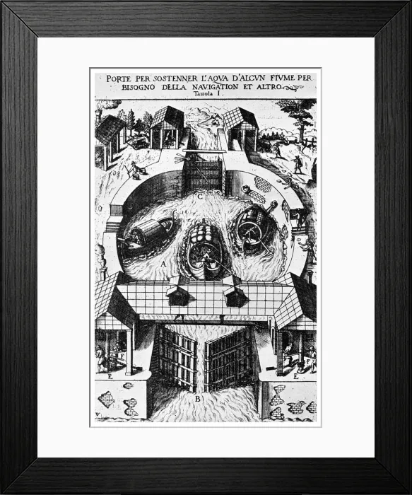Framed Print : Design for hinged canal lockgates by Leonardo da Vinci, 15th century (1956) Framed Print : Design for hinged canal lockgates by Leonardo da Vinci, 15th century (1956)