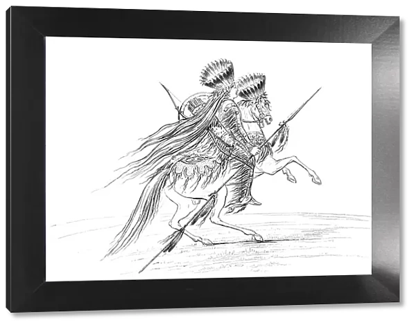 Native American male with weapons and headdress, riding a horse, 1841. Artist: Myers and Co