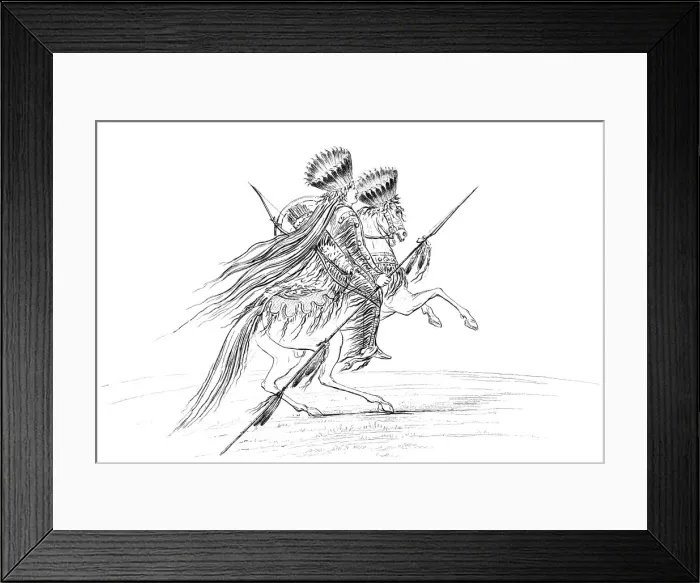 Framed Print : Native American male with weapons and headdress, riding a horse, 1841. Artist: Myers and Co Framed Print : Native American male with weapons and headdress, riding a horse, 1841. Artist: Myers and Co