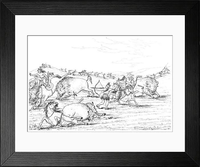 Framed Print : Native Americans hunting buffalo, 1841. Artist: Myers and Co Framed Print : Native Americans hunting buffalo, 1841. Artist: Myers and Co