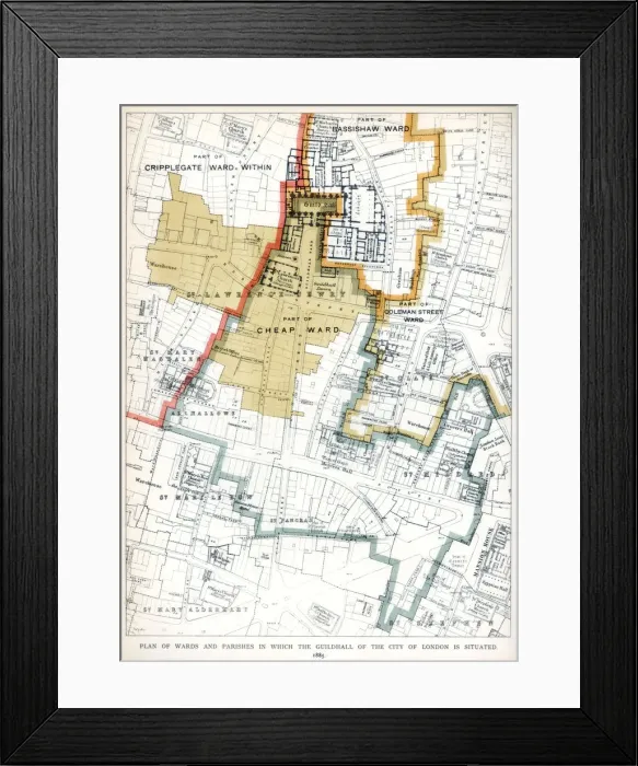 Framed Print : Plan of the Wards and Parishes in Which the Guildhall of the City of London is Situated, 1886 Framed Print : Plan of the Wards and Parishes in Which the Guildhall of the City of London is Situated, 1886