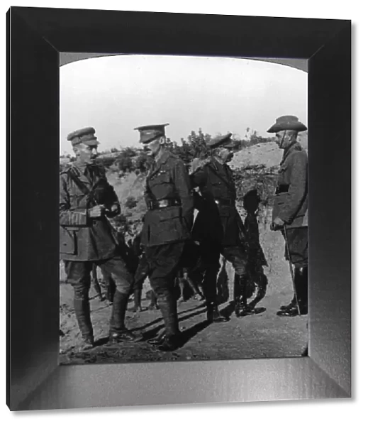 Lord Kichener reviews the situation at Gallipolli with ANZAC officers, World War I, 1915-1916. Artist: Realistic Travels Publishers