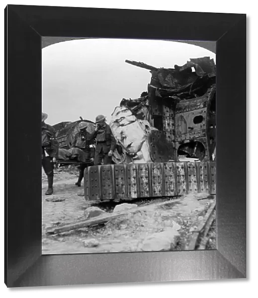 Casualties from the front pass destroyed tanks, Villers-Bretonneux, France, World War I, 1918. Artist: Realistic Travels Publishers