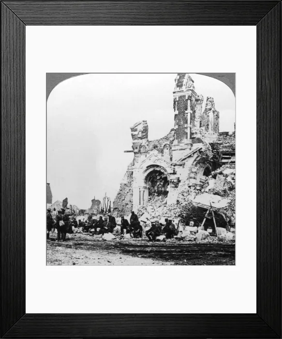 Framed Print : German prisoners of war beside the ruins of the basilica of Albert, France, World War I, 1914-1918. Artist: Realistic Travels Publishers Framed Print : German prisoners of war beside the ruins of the basilica of Albert, France, World War I, 1914-1918. Artist: Realistic Travels Publishers